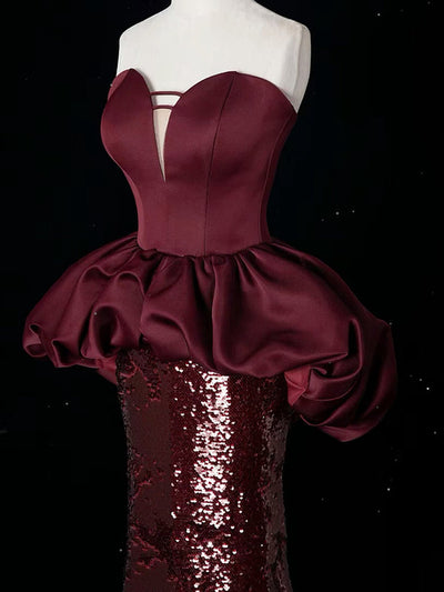 Burgundy Mermaid Sequins Strapless Prom Dress