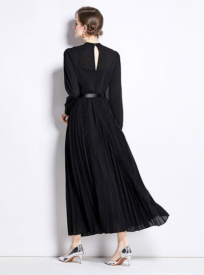 Belt Lace Long Round Neck Long Sleeve Dress