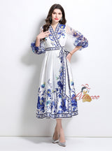 V-neck Gauze Lantern Sleeve Printed Dress