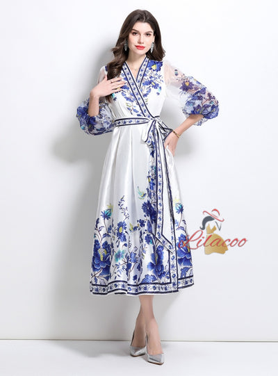 V-neck Gauze Lantern Sleeve Printed Dress