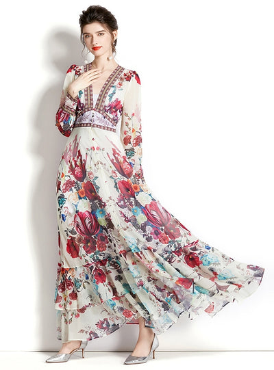 Long Sleeve Retro V-neck Lantern Sleeve Printed Dress