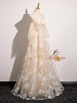 Champagne Tulle Beading Prom Dress