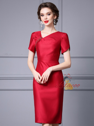Red Pleats Beading Mother Of The Bride Dress