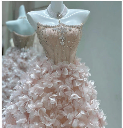 Pink Tulle 3D Flower Beading Quinceanera Dress