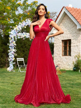 Red Deep V-neck Pleats Prom Dress