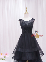 Black Tulle Appliques Beading Hi Lo Prom Dress