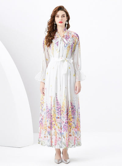 V-neck Wood Ear Ribbon Pleated Printed Dress