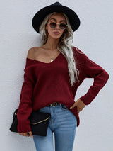 Solid Color Pullover Loose V-neck Sweater