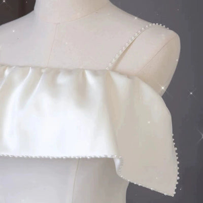 White Satin Spaghetti Straps Wedding Dress