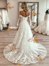 White Tulle Long Sleeve Lace Wedding Dress