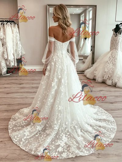 White Tulle Long Sleeve Lace Wedding Dress