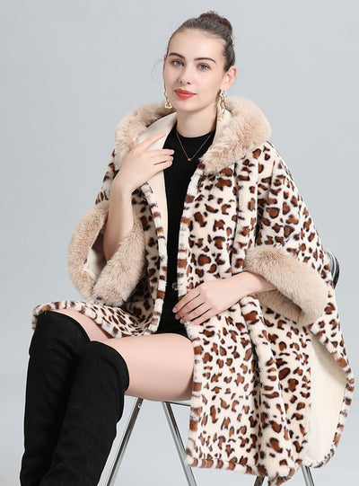 Leopard-point Fur Collar Fringed Knitted Shawl