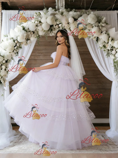 Pink Purple Tulle Sequins Strapless Wedding Dress