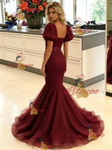 Burgundy Mermaid Tulle Puff Sleeve Prom Dress
