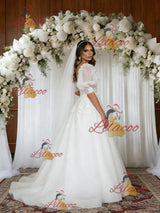 White Tulle Appliques Puff Sleeve Wedding Dress