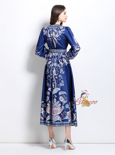 Retro Palace Printed V-neck Lantern Long Sleeve Dress