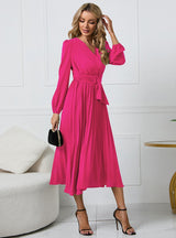 Long Sleeve Slim Pleated Belt V-neck Dress
