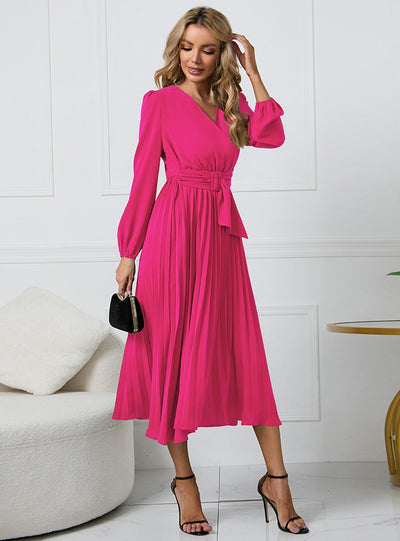 Long Sleeve Slim Pleated Belt V-neck Dress