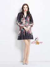 Retro V-neck and Breasted Long Sleeve Dress