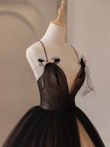 Black Tulle Straps Pleats Prom Dress