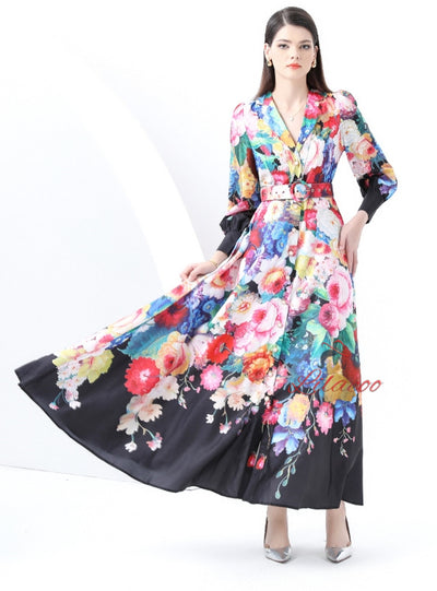 Long Sleeve V-neck Printed Dress