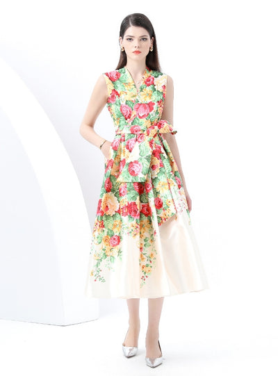 V-neck Sleeveless Long Retro Print Dress