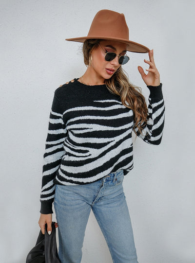 Knitted Striped Vintage Cotton Round Neck Sweater
