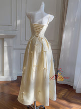 Yellow Satin Spaghetti Straps Bow Prom Dress