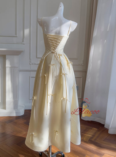 Yellow Satin Spaghetti Straps Bow Prom Dress