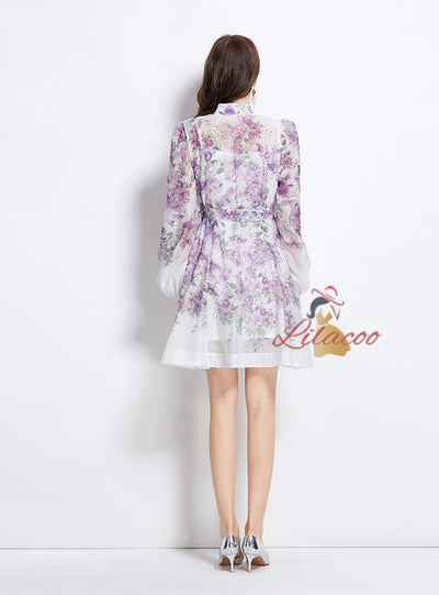 Double-breasted Lantern Sleeve Printed Dress