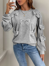 Casual Bow Splicing Gray Round Neck Top