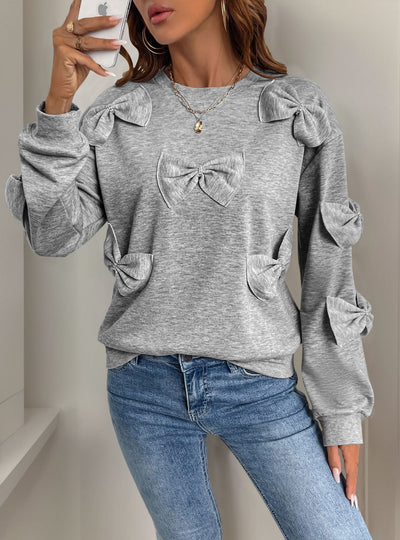 Casual Bow Splicing Gray Round Neck Top