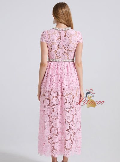 Heavy Industry Beaded Pearl Lace Short Sleeve Dress