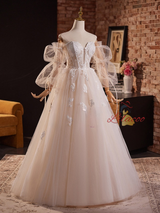 White Tulle Lace Long Sleeve Appliques Wedding Dress