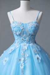 Blue Tulle Spaghetti Straps 3D Appliques Prom Dress