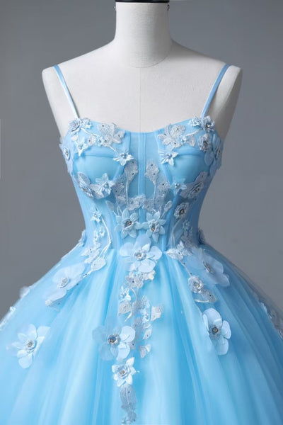 Blue Tulle Spaghetti Straps 3D Appliques Prom Dress