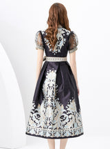 V-neck Lantern Sleeve Retro Print Dress