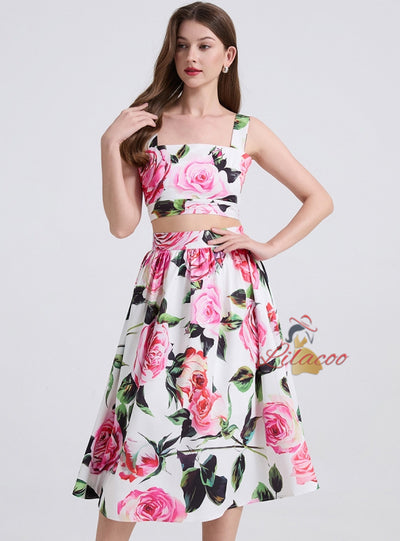 Printed Tube Top Suspender Vest Skirt Suit