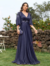 Navy Blue V-neck Appliques Prom Dress