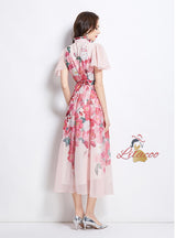 Pearl-breasted Slim Printed Chiffon Dress