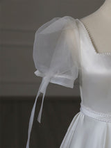 White Satin Puff Sleeve Pearls Wedding Dress