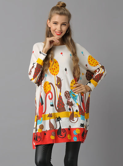Cat Print Loose Pullover Sweater