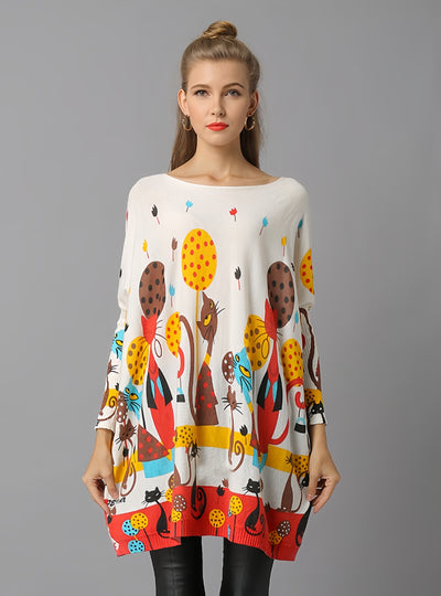 Cat Print Loose Pullover Sweater