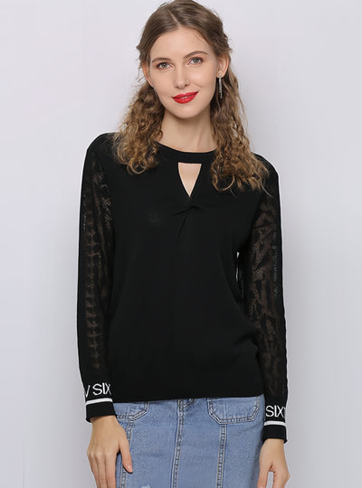 Sweater Splicing Chiffon Sleeve Round Neck Top