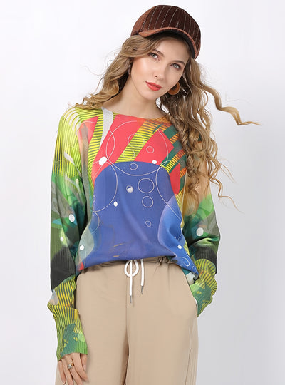 Printed Round Neck Long Sleeve Loose Sweater