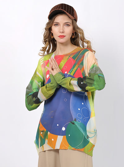 Printed Round Neck Long Sleeve Loose Sweater
