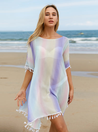 Round Neck Bat Sleeve Smock Dyed Rainbow Dress