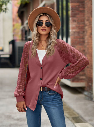 Long Sleeve Solid Color Loose Button Lace Top