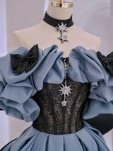 Blue Satin Black Lace Prom Dress