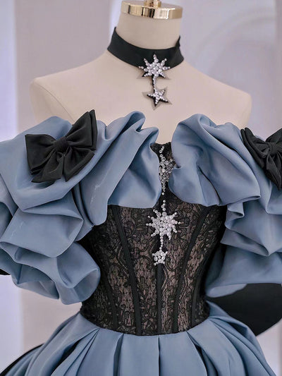 Blue Satin Black Lace Prom Dress